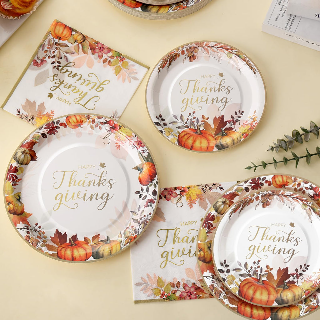 60 Pcs Thanksgiving Plates and Napkins, Happy Thanksgiving Party Supplies Tableware, Disposable Fall Paper Plates, Watercolor Pumpkin Maple plates for Autumn Harvest Festival Party, Serve 20