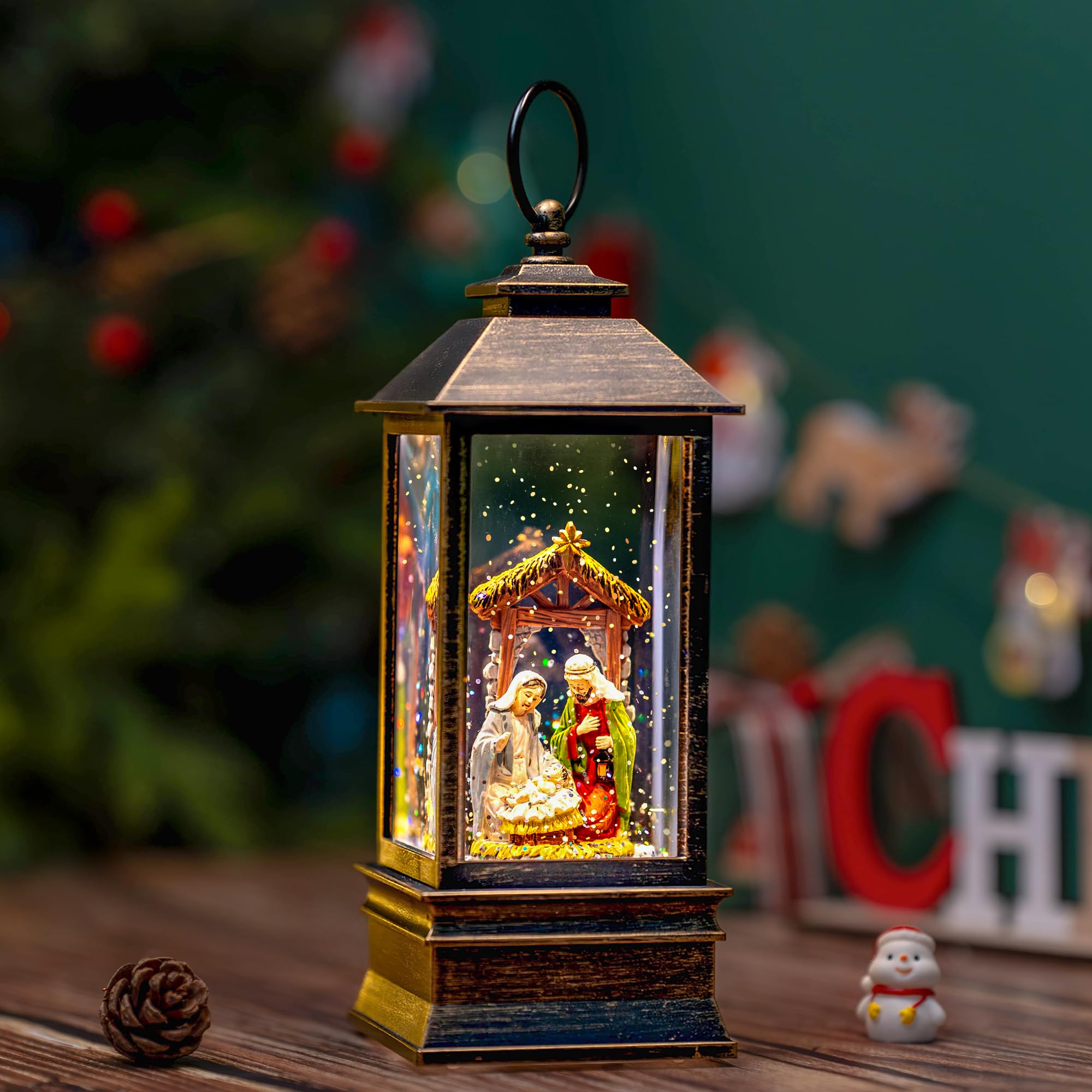 Fall Snow Globe Lantern with Autumn Turkey and Pumpkins Thanksgiving LED Decor for Home, Indoor Tabletop Centerpiece with Glitter Flakes, Harvest Light Decorations