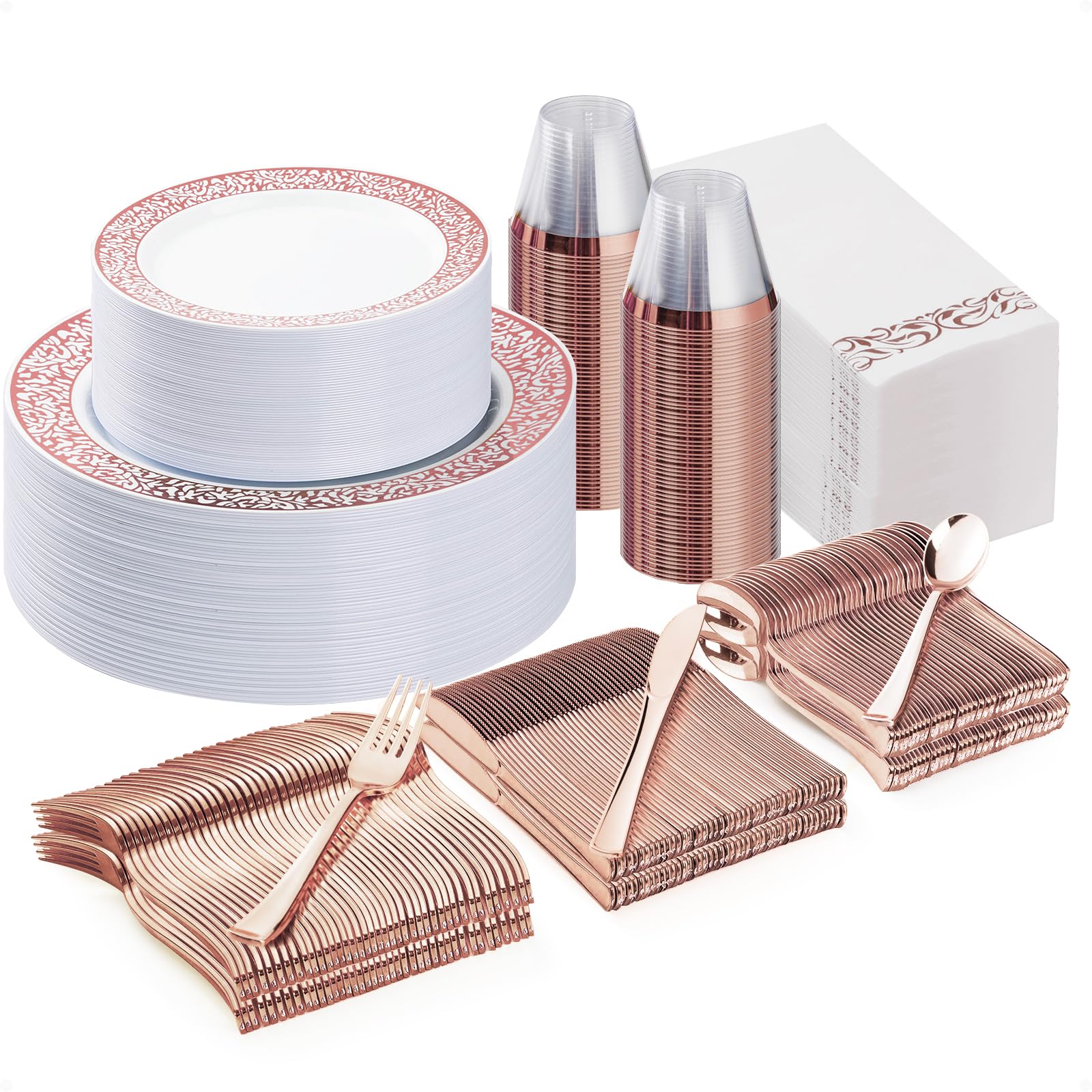 700PCS Gold Plastic Dinnerware Set for 100 Guests, Disposable Plates for Party, Include 100 Gold Dinner Plates, 100 Dessert Plates, 100 Set Silverware, 100 Cups, 100 Napkins