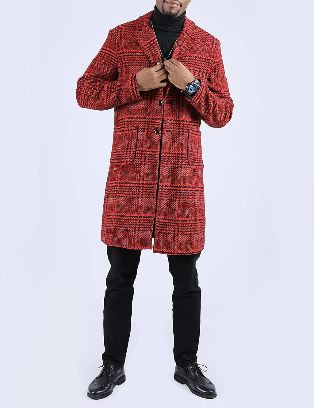 Springrain Men's Wool Blend Pea Coat Notched Collar Single Breasted Overcoat Warm Winter Trench Coat