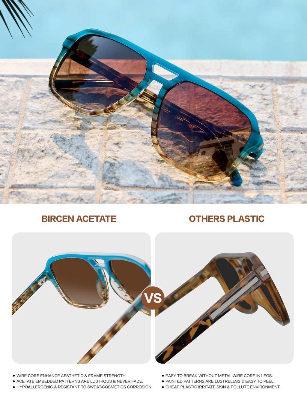 BIRCEN Women Polarized Acetate Sunglasses: Fashion Square Aviator Shades UV Protection for Trendy Laides Travel Beach Outdoor