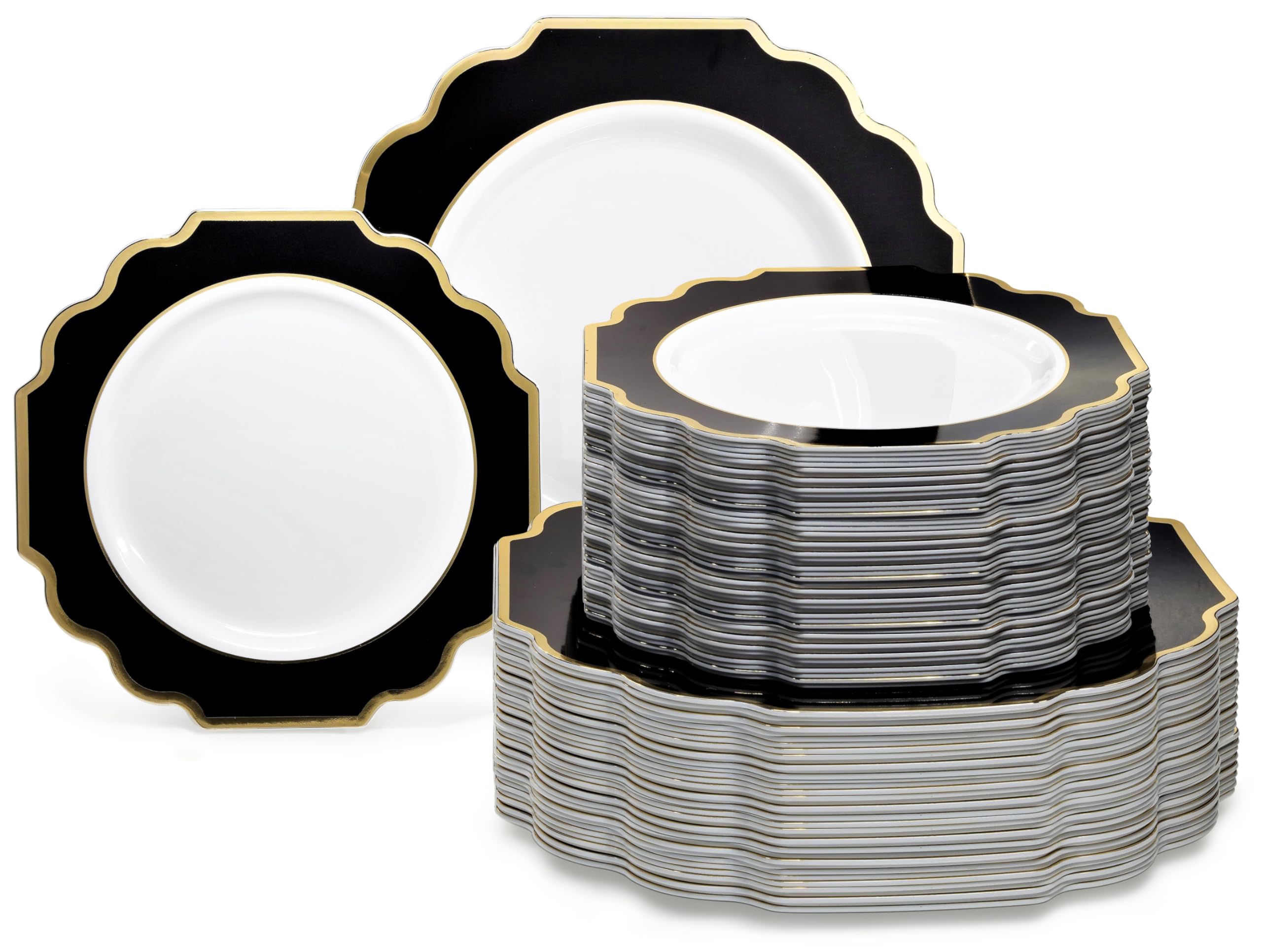 " OCCASIONS " 50 Plates Pack (25 Guests)-Heavyweight Wedding Party Disposable Plastic Plate Set -(25x10.5'' Dinner + 25x8'' Salad/Dessert) (Imperial White & Gold)