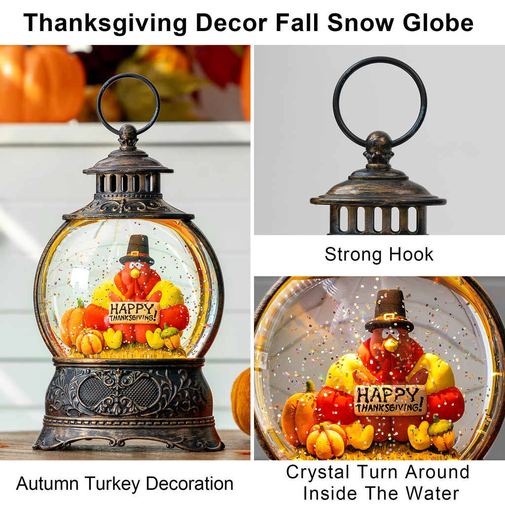 Fall Snow Globe Lantern with Autumn Turkey and Pumpkins Thanksgiving LED Decor for Home, Indoor Tabletop Centerpiece with Glitter Flakes, Harvest Light Decorations