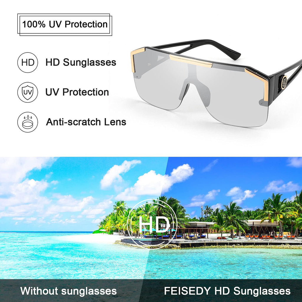 FEISEDY Square Oversized Sunglasses for Men Women, Flat Top Shield One Piece Lens Sun Glasses Shades B2765