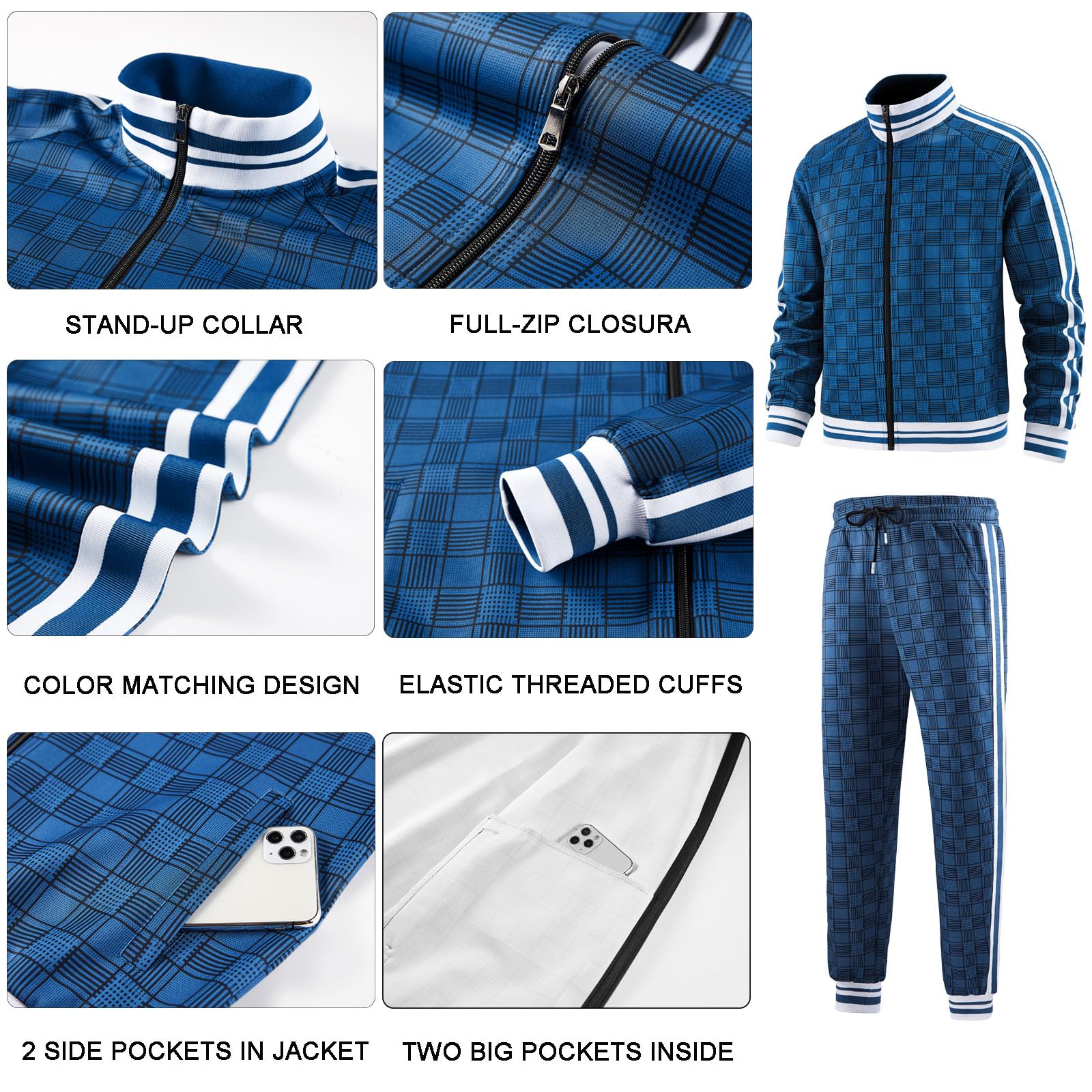Men Tracksuits Full-zip Long Sleeve Plaid Track Jackets and Pants 2 Piece