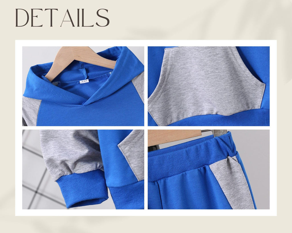 5-11Y Boys Clothes Long Sleeve Hooded Pullover Colorblock Sweatshirt + Pants 2pcs Fall Winter Outfit Set