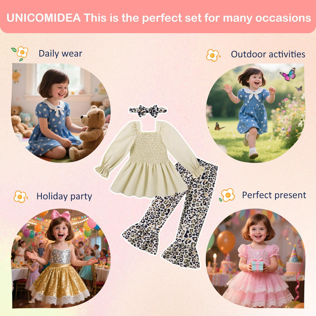 UNICOMIDEA Girls Clothes Set Shirt Top and Flare Pants with Bowknot 2-5T Kids 3 Piece Outfit For Girl