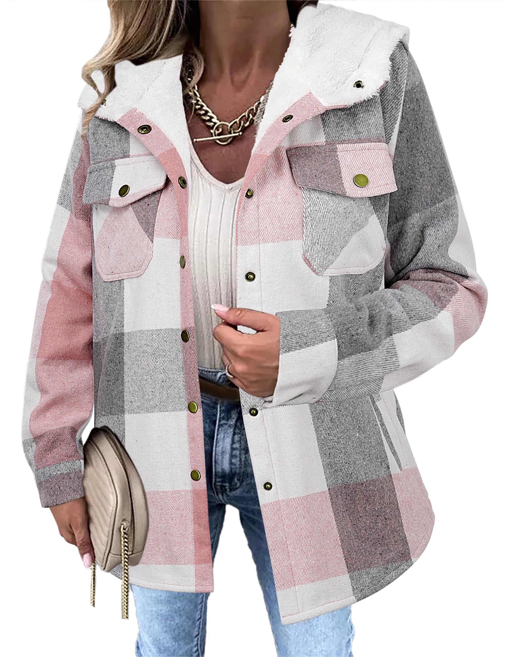 Zeagoo Womens Plaid Shacket Jacket Long Sleeve Fleece Hooded Jackets Fall Winter Warm Coat S-2XL