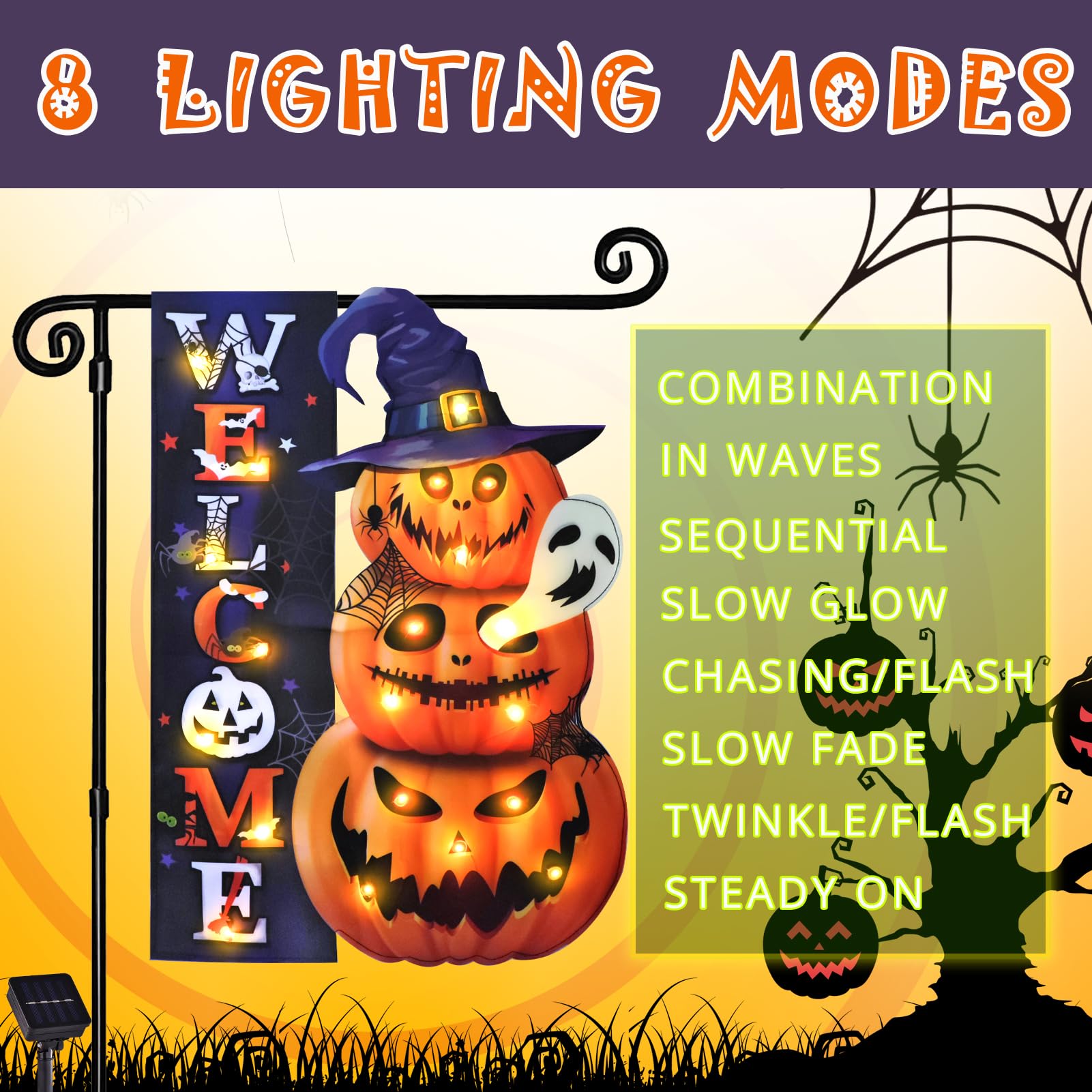 Halloween Lighted Garden Flag for Outside, Led Solar Yard Flag 8 Modes Witch Feet Shape Flag, 12x18 Double Sided Cauldron Eyeball Black Cat Decorations for Home Porch