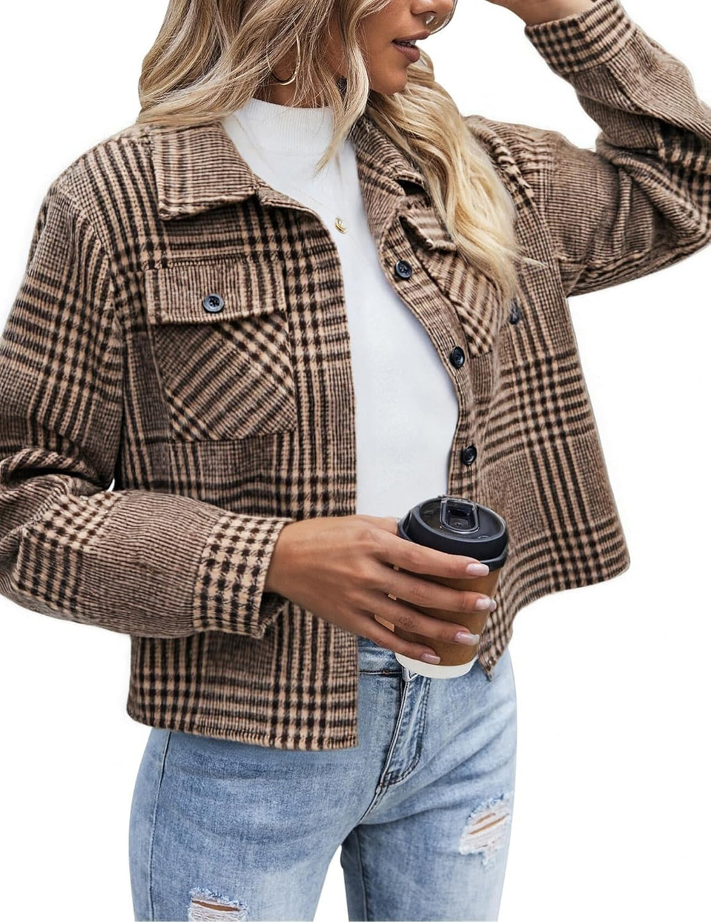 Zeagoo Flannels for Women Cropped Shacket Jacket Fashion Plaid Button Down Shirt 2025 Fall Coat Tops