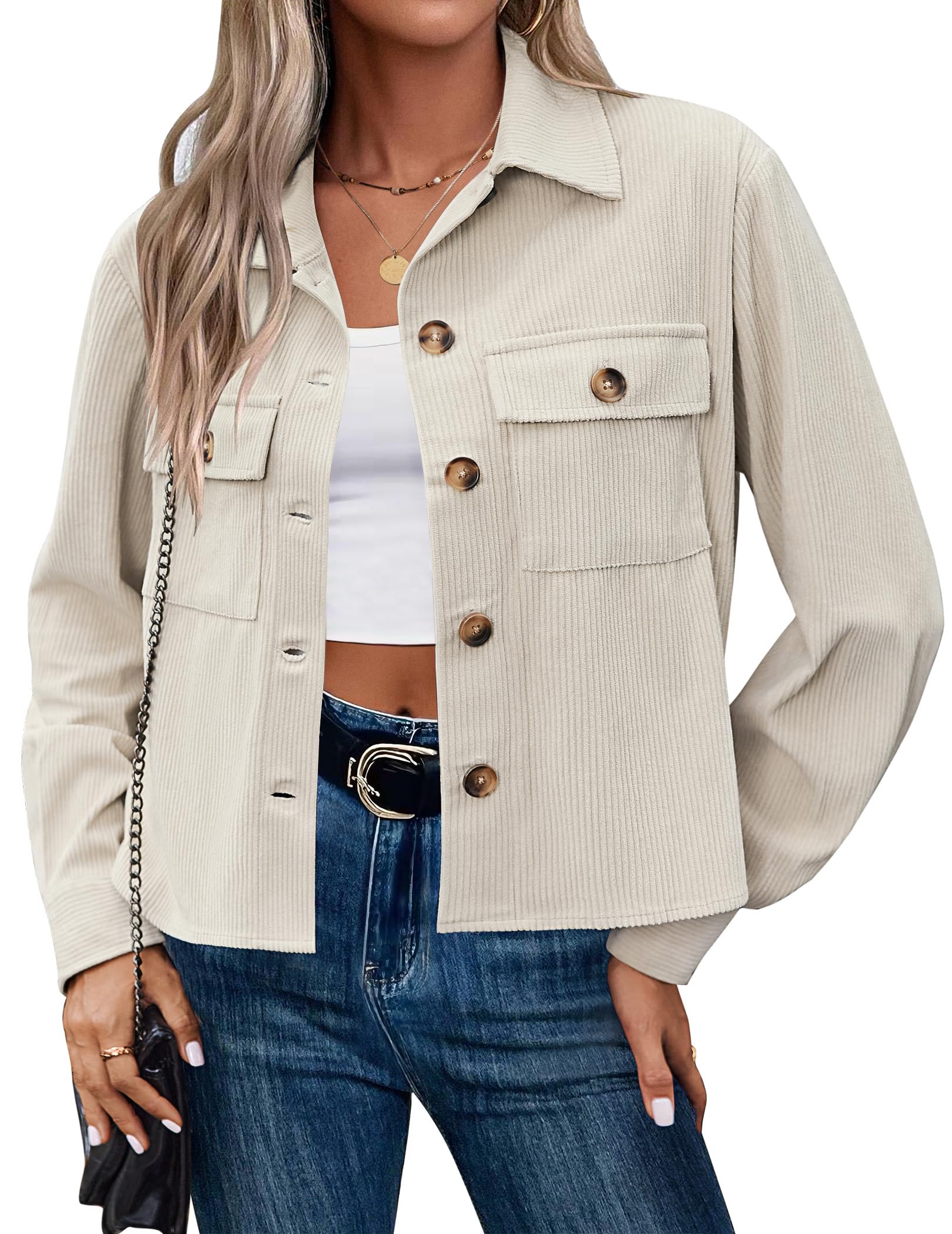 Zeagoo Womens Fashion Cropped Corduroy Shackets Button Down Jackets Tops Fall Trendy Long Sleeve Shirts