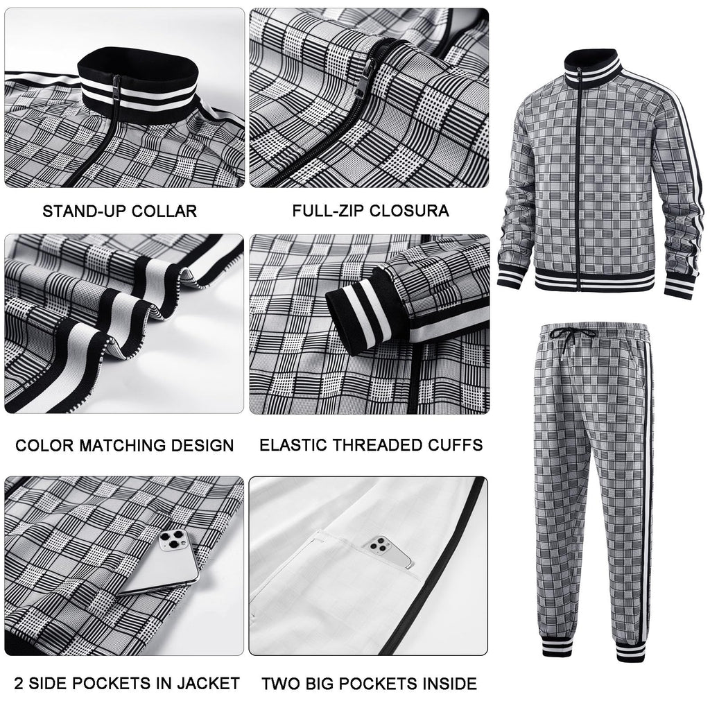 Men Tracksuits Full-zip Long Sleeve Plaid Track Jackets and Pants 2 Piece