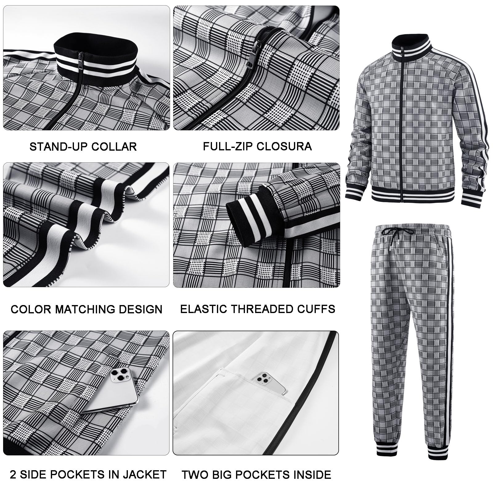 Men Tracksuits Full-zip Long Sleeve Plaid Track Jackets and Pants 2 Piece