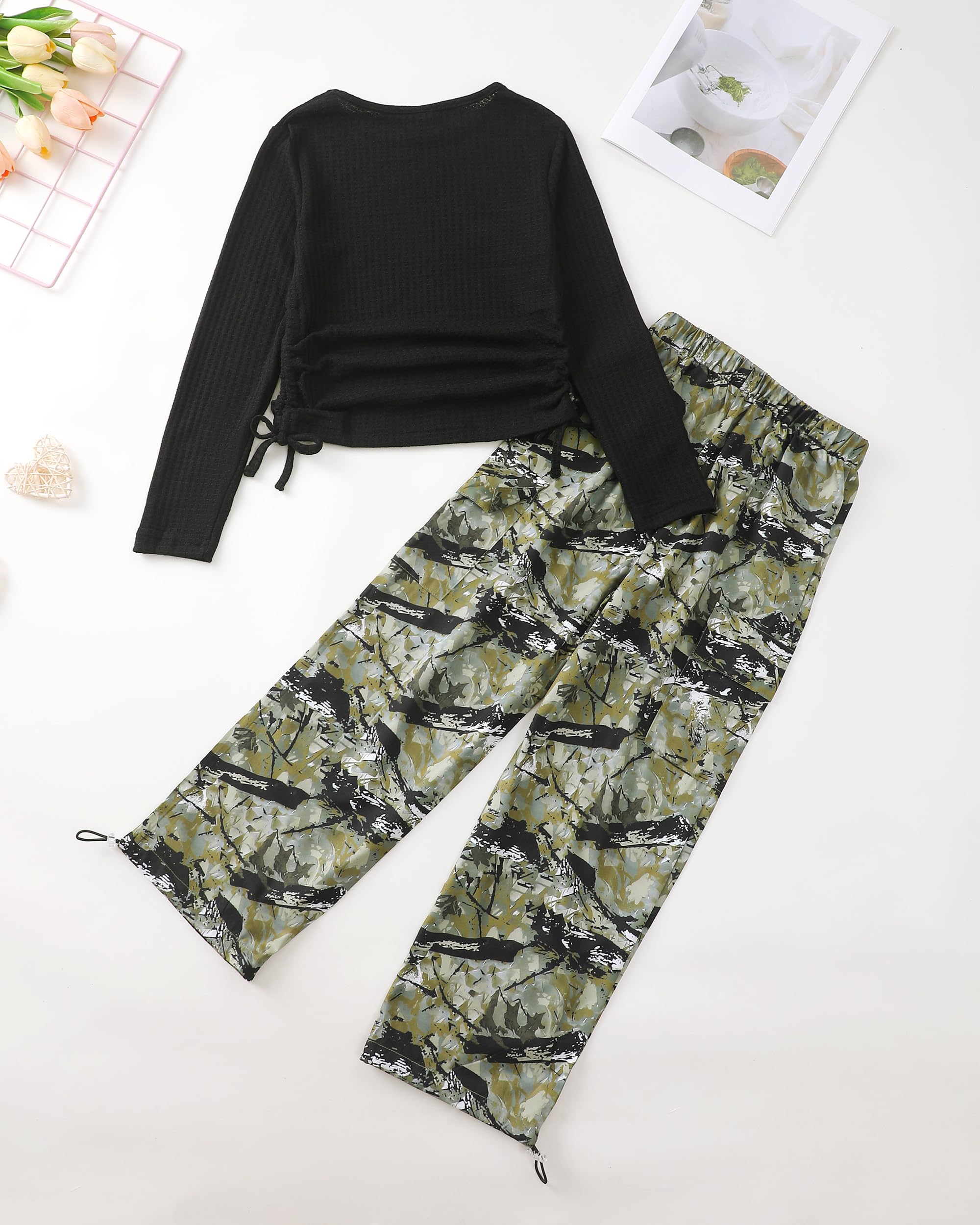 Girls Clothes Tween Girl Clothing Long Sleeve Ruched Drawstring Ribbed Knit Top Camo Cargo Pants Fall Winter Outfits