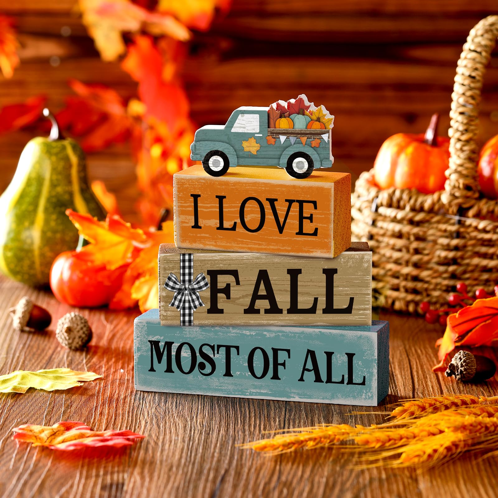 4 Pcs Fall Decor Wooden Maple Leaf Decoration Fall Tiered Tray Decor Rustic Wooden Maple Leaf Block Sign Gift Thanksgiving Table Centerpiece Farmhouse for Autumn Harvest Party Home Kitchen