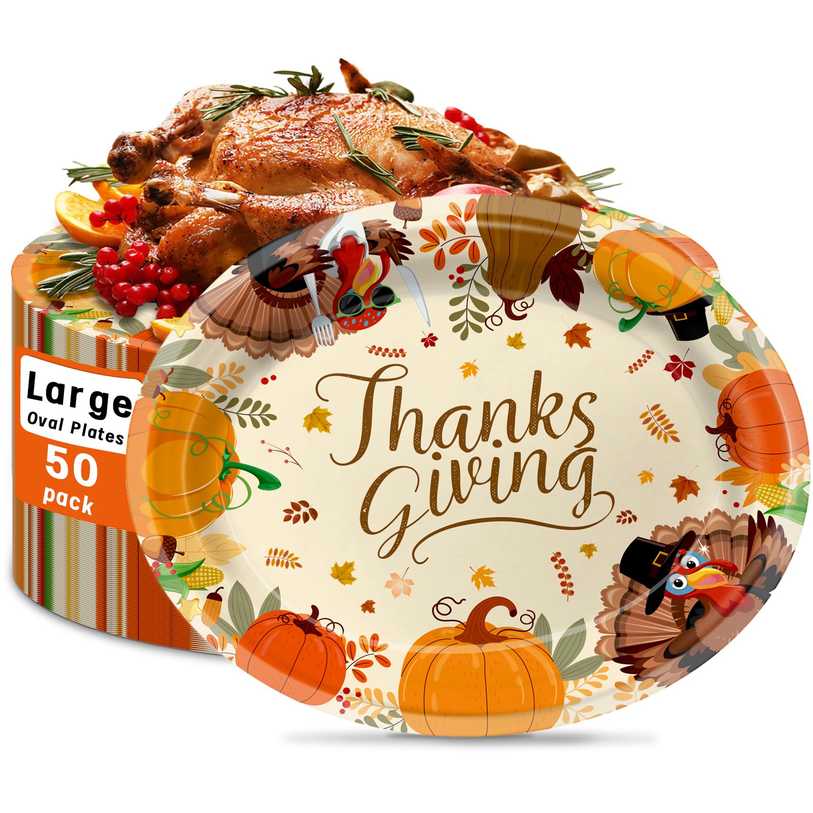 50 Pack Oval Thanksgiving Plates 12 x 10 Inch Thanksgiving Paper Plates Heavy Duty - Large Disposable Dinner Platters,Turkey Pumpkin Autumn Fall Harvest Thanksgiving Party Decor