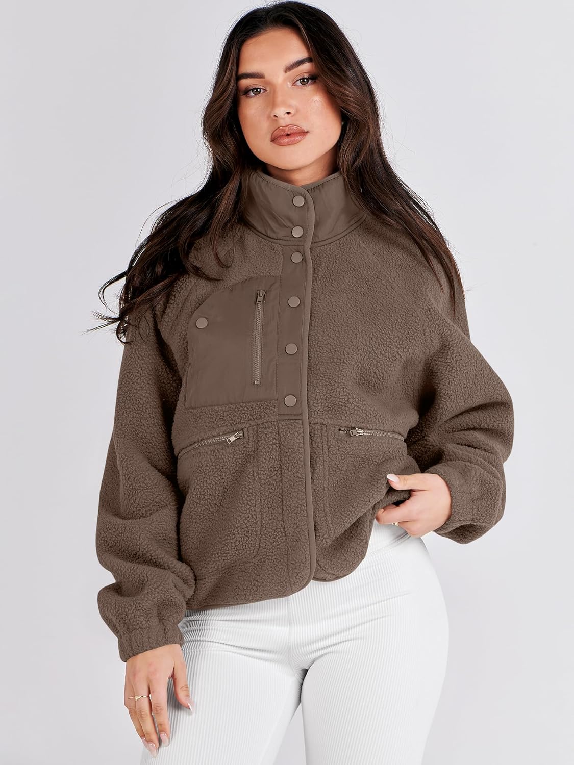 ANRABESS Womens Fuzzy Fleece Jacket Fall Casual Long Sleeve Cropped Sherpa Button Down Shacket Coats Outwear With Pockets