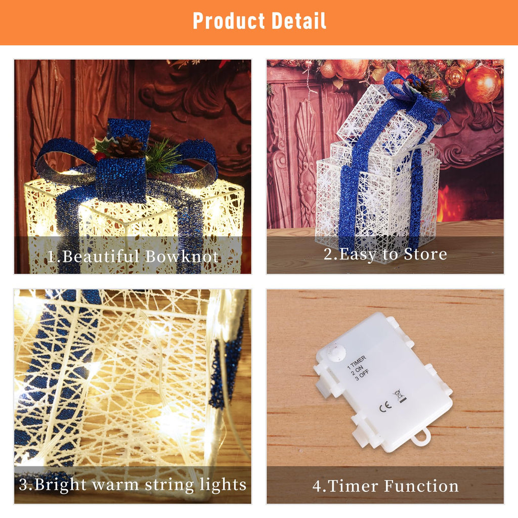 Christmas Decorations, Set of 3 Christmas Lighted Gift Boxes, Battery Operated Xmas Present Boxes, Warm White LED with Bows for Indoor Christmas Tree, Yard, Home Decor