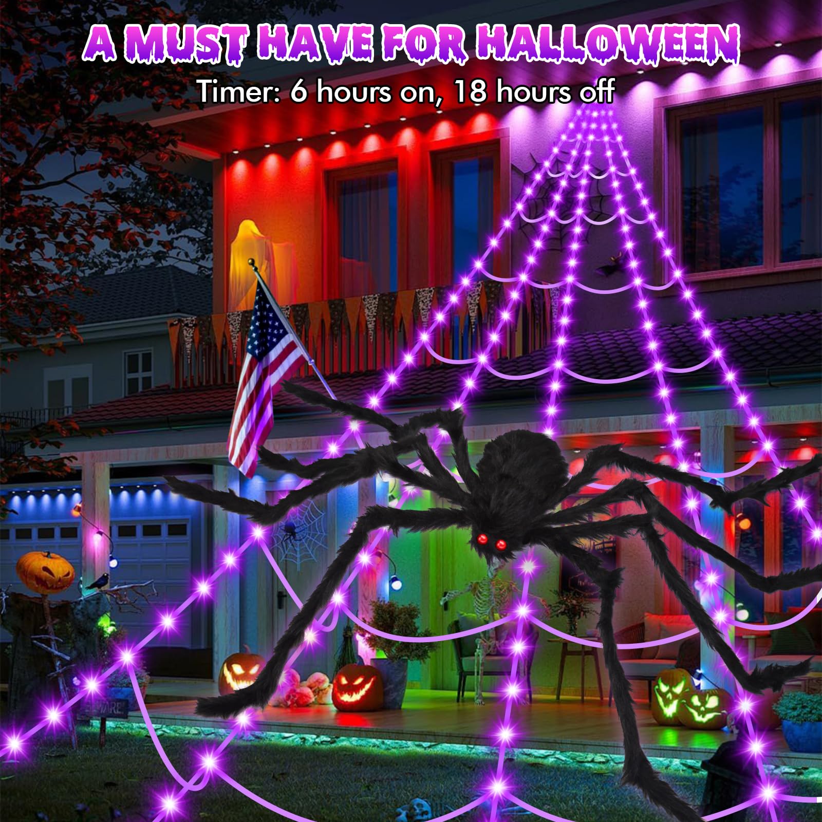 200" Halloween Spider Web + 59" Giant Spider Decorations Fake Spiders with Triangular Huge Spiders Web for Indoor Outdoor Halloween Decorations Yard Home Costumes Parties Haunted House Décor