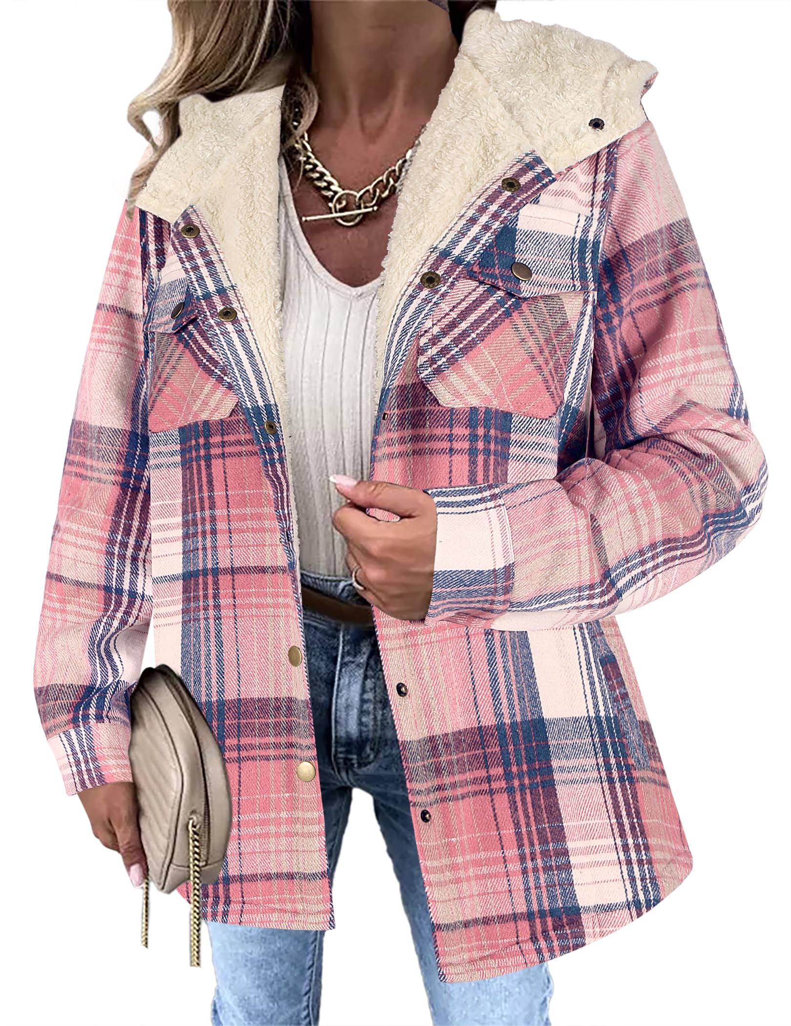 Zeagoo Womens Plaid Shacket Jacket Long Sleeve Fleece Hooded Jackets Fall Winter Warm Coat S-2XL