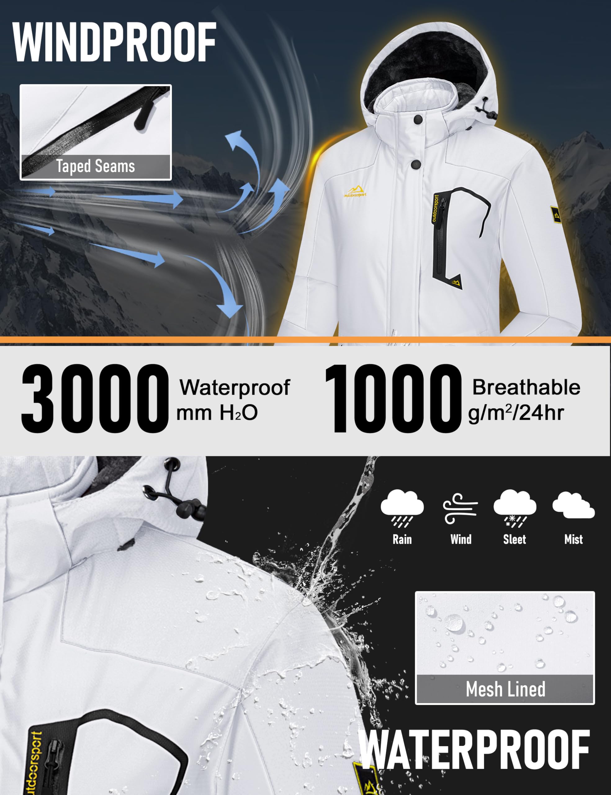 MAGCOMSEN Womens Ski Jacket Waterproof Insulated Snow Jacket Warm Windproof Winter Coats with Hood Fleece Lined Jacket