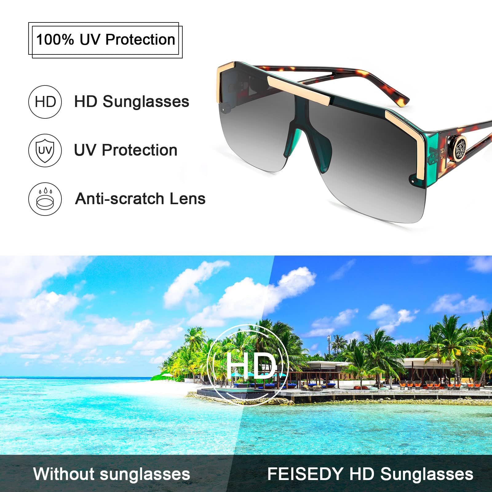 FEISEDY Square Oversized Sunglasses for Men Women, Flat Top Shield One Piece Lens Sun Glasses Shades B2765