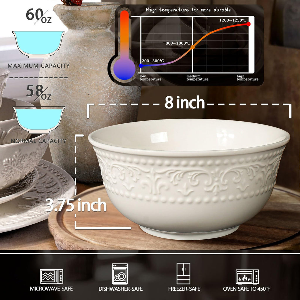 Large Salad Bowls Set of 4, 60oz White Serving Bowls Deep Deep Embossed Ceramic Mixing Bowl for Soup Kitchen, Eating, Ramen, Pasta, Dishwasher & Microwave Safe 8 inch (Multiple Patterns)