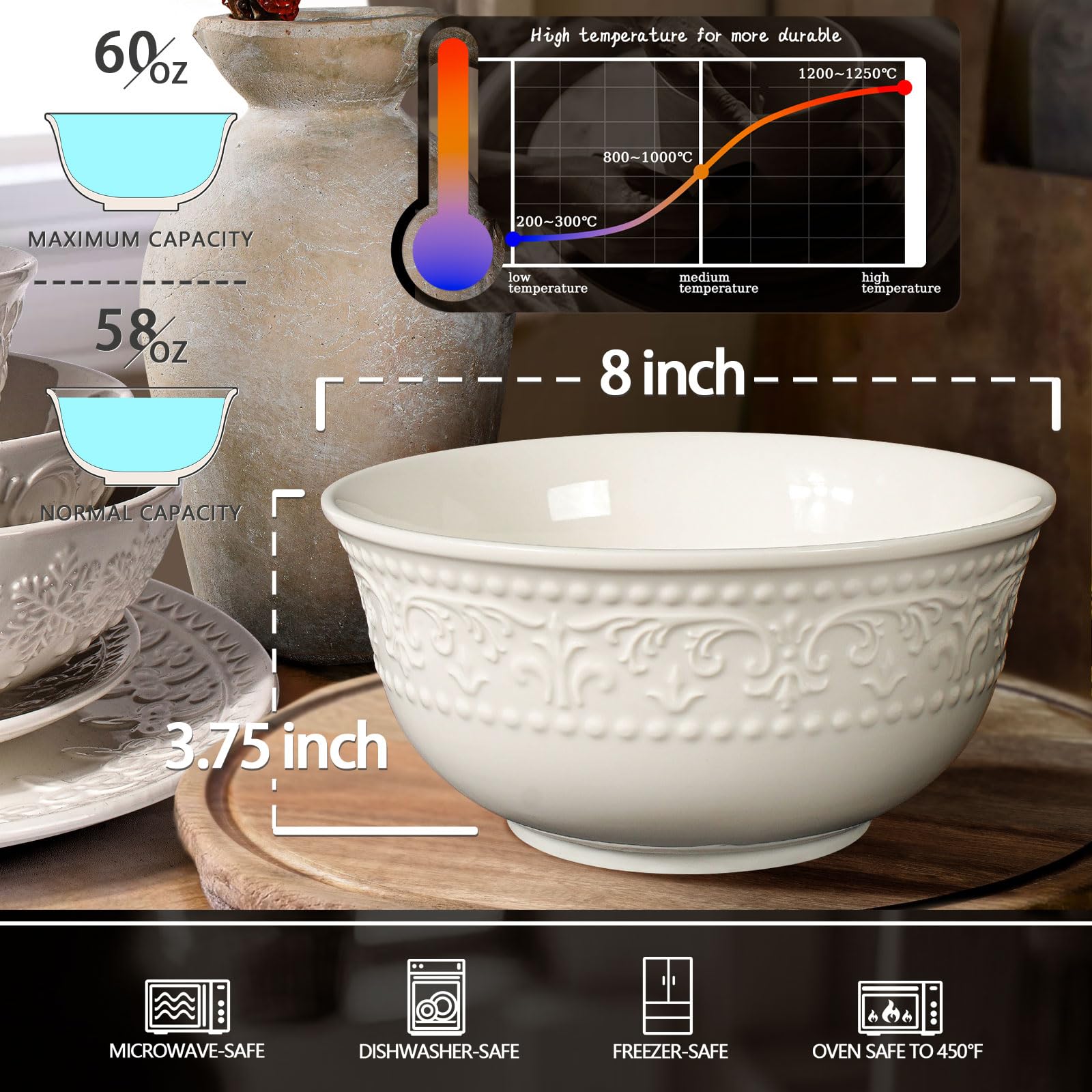 Large Salad Bowls Set of 4, 60oz White Serving Bowls Deep Deep Embossed Ceramic Mixing Bowl for Soup Kitchen, Eating, Ramen, Pasta, Dishwasher & Microwave Safe 8 inch (Multiple Patterns)