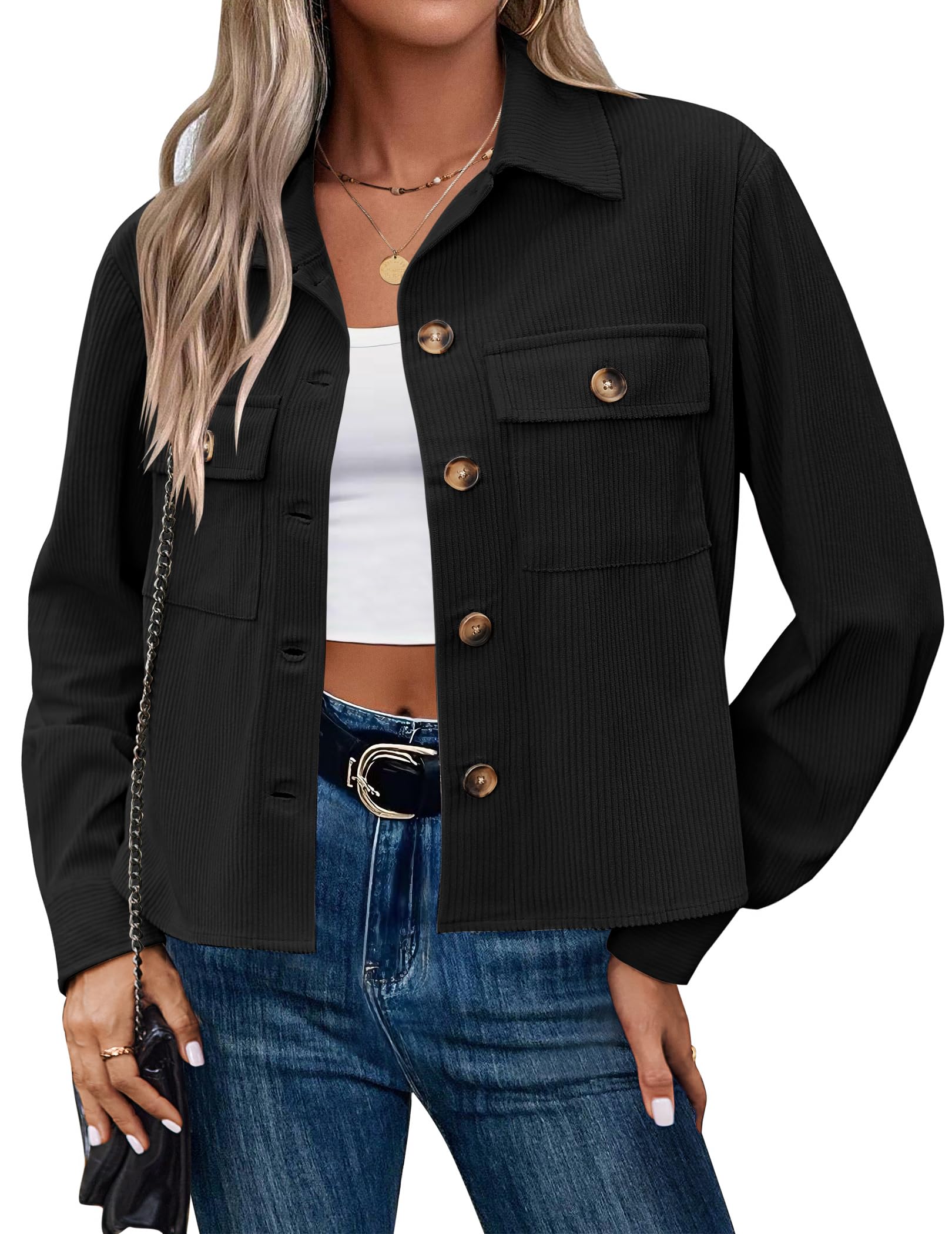 Zeagoo Womens Fashion Cropped Corduroy Shackets Button Down Jackets Tops Fall Trendy Long Sleeve Shirts