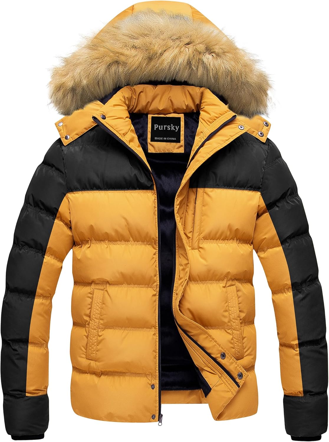 Pursky Men's Puffer Jacket Waterproof Winter Bubble Coats Ski Parka Fur Hooded