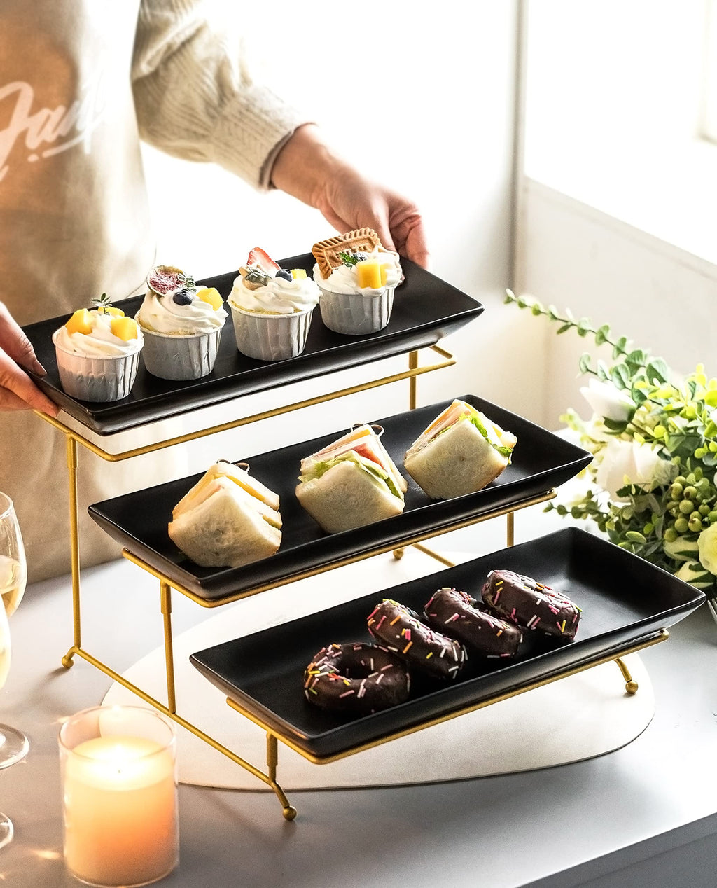 LYEOBOH 3 Tier Serving Bowls Set with Collapsible Thicker Metal Stand, Oval Serving Dishes for Entertaining Tiered Serving Stand for Fruit, Dessert, Candy, Chip and Dip (Black)