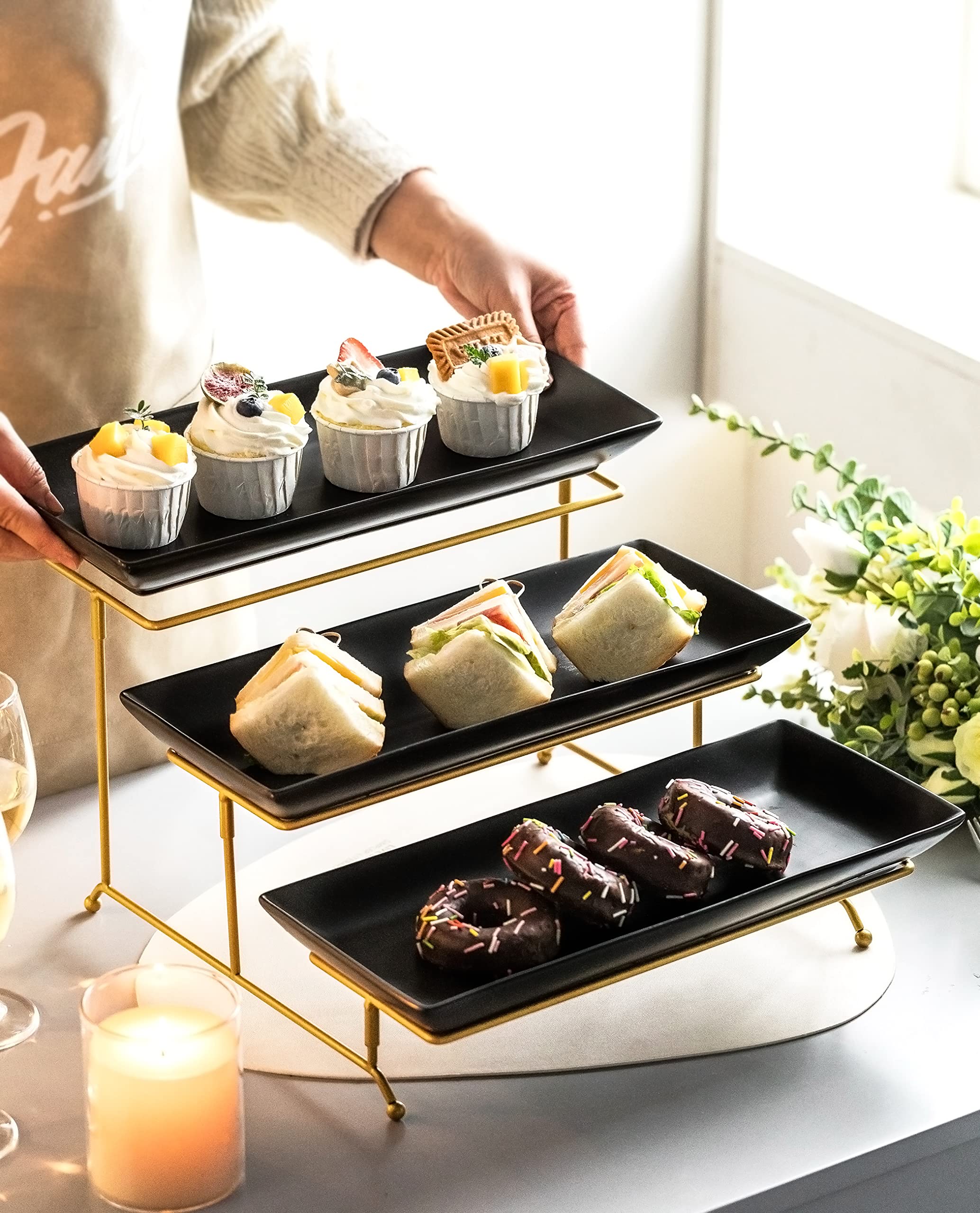 LYEOBOH 3 Tier Serving Bowls Set with Collapsible Thicker Metal Stand, Oval Serving Dishes for Entertaining Tiered Serving Stand for Fruit, Dessert, Candy, Chip and Dip (Black)