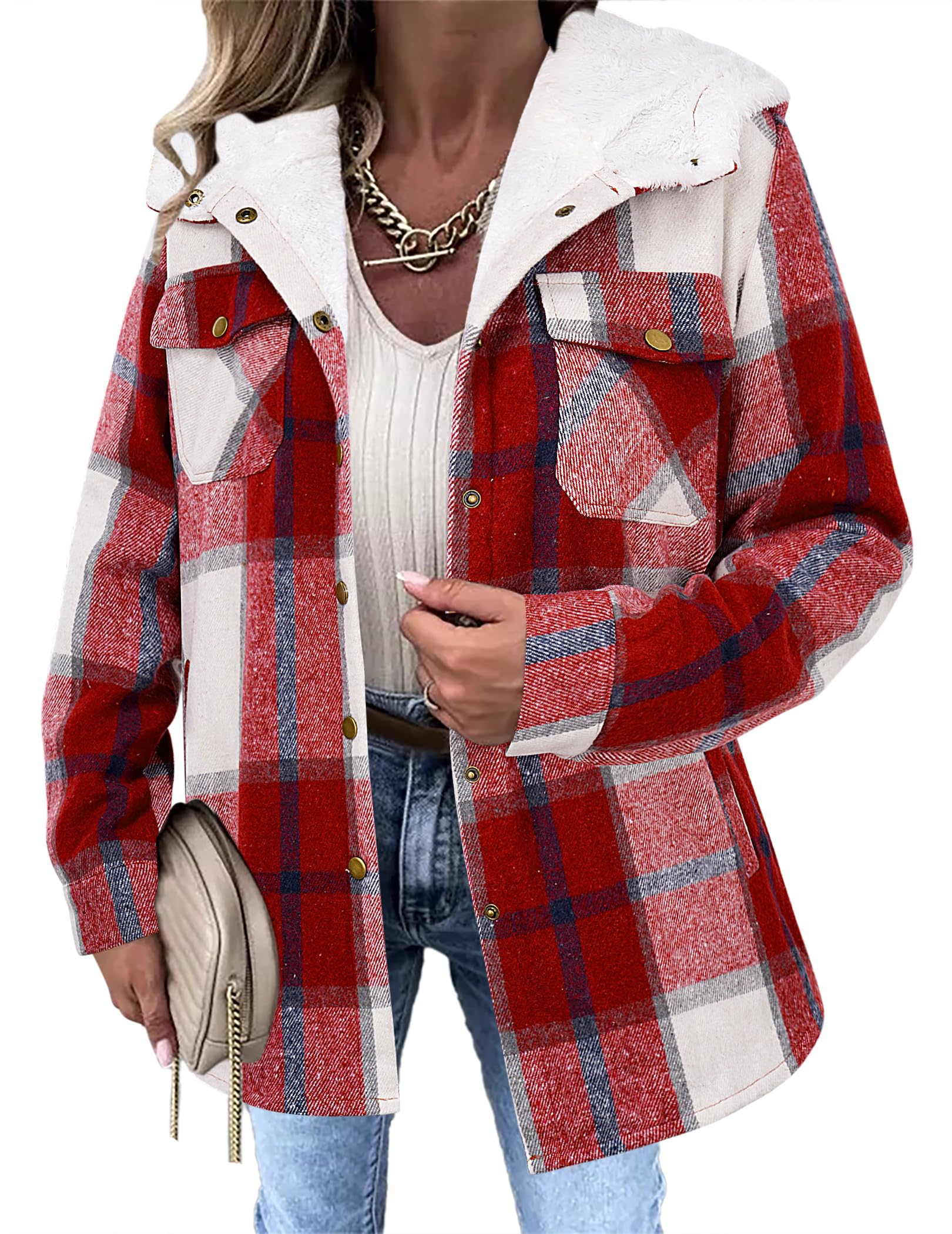 Zeagoo Womens Plaid Shacket Jacket Long Sleeve Fleece Hooded Jackets Fall Winter Warm Coat S-2XL