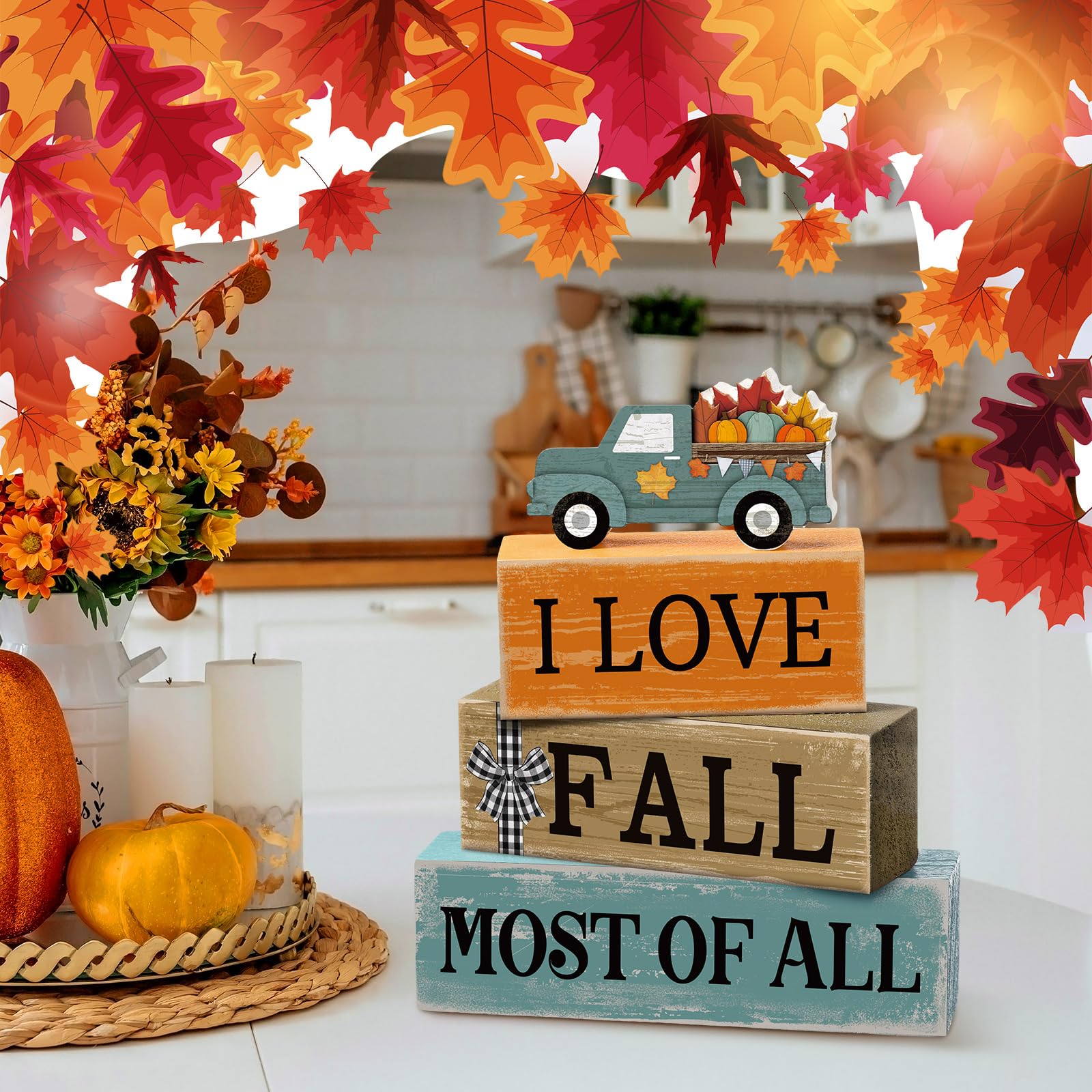 4 Pcs Fall Decor Wooden Maple Leaf Decoration Fall Tiered Tray Decor Rustic Wooden Maple Leaf Block Sign Gift Thanksgiving Table Centerpiece Farmhouse for Autumn Harvest Party Home Kitchen