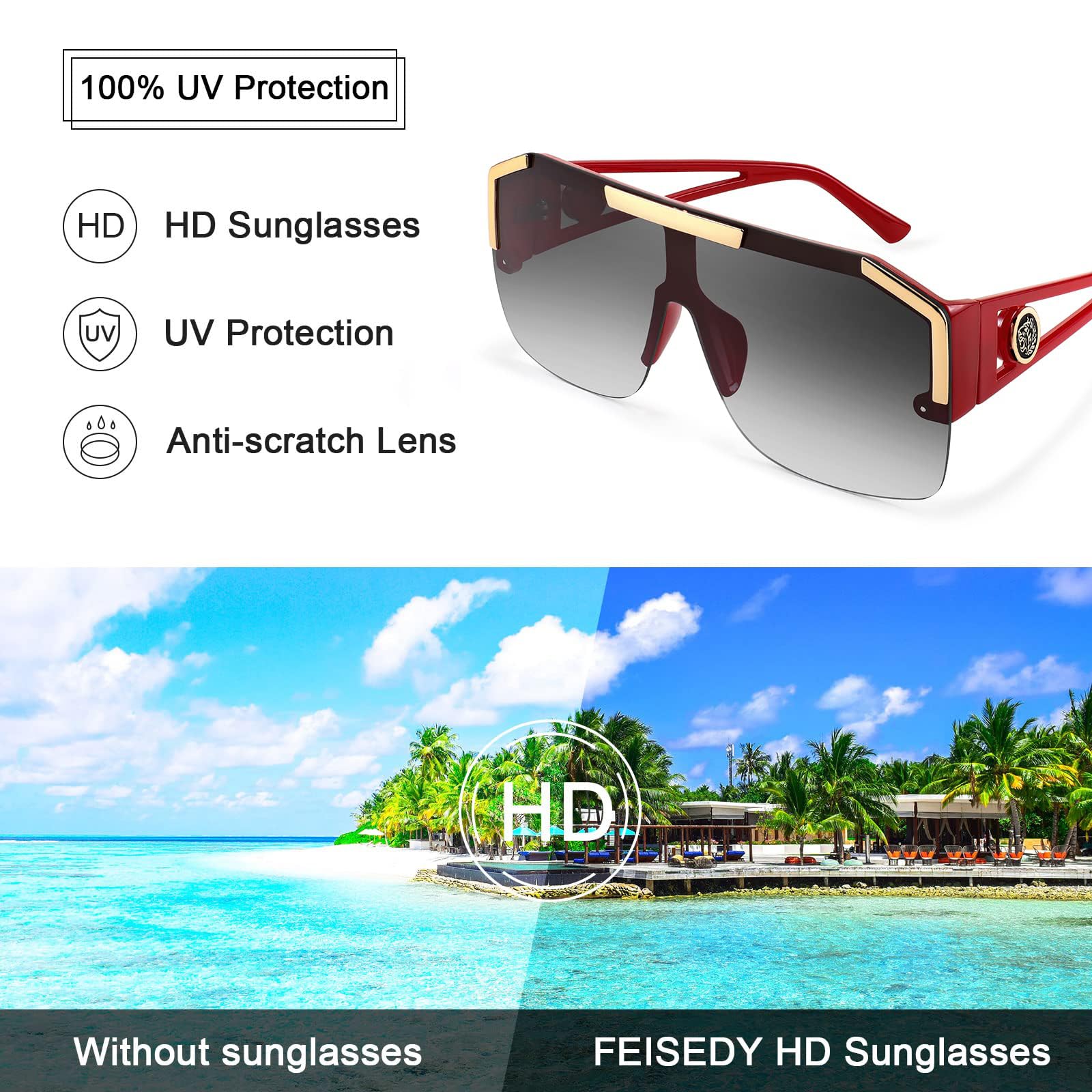 FEISEDY Square Oversized Sunglasses for Men Women, Flat Top Shield One Piece Lens Sun Glasses Shades B2765