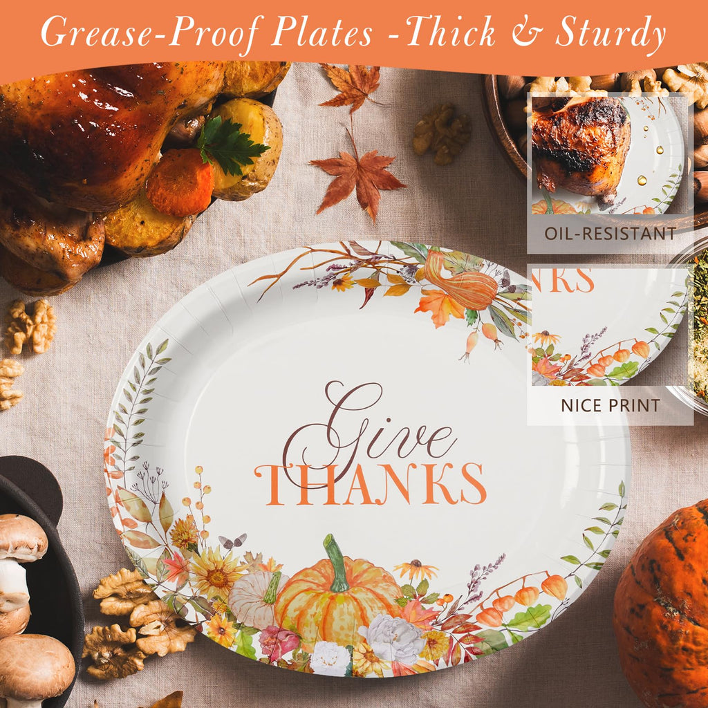50 Count Thanksgiving Oval Paper Plates, 10" x 12.5" Large Disposable Dinner Serving Party Platters Heavy Duty, Autumn Fall Harvest Party Supply Thanksgiving Decor