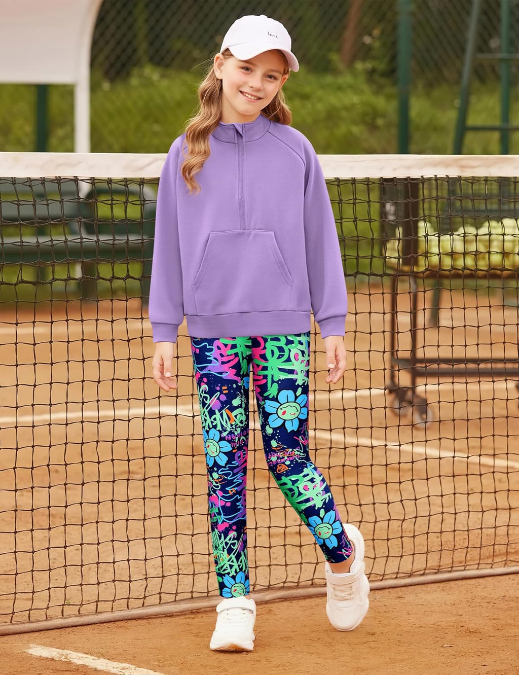 Girls Clothes Half Zip Sweatshirt Top and Full Print Tight Pants 2Pcs Outfit Set Kids 10-12