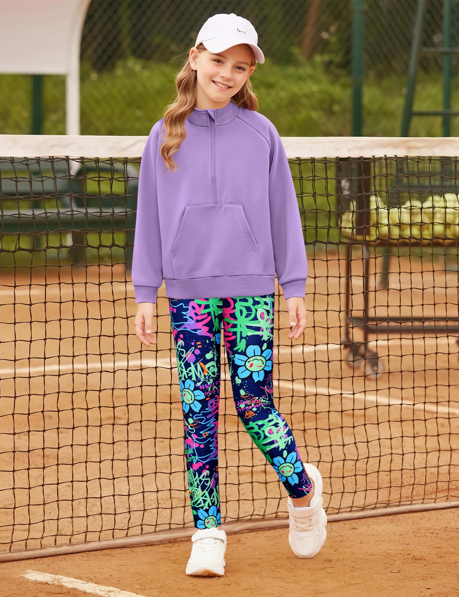 Girls Clothes Half Zip Sweatshirt Top and Full Print Tight Pants 2 Piece Outfit for Kids 6-14