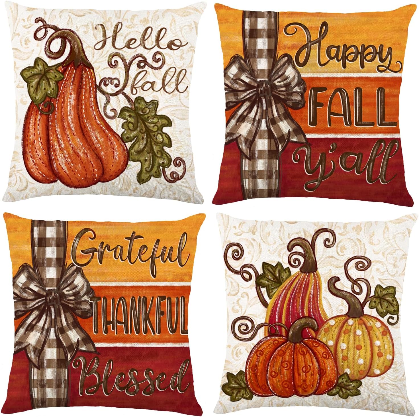 4pcs Fall Thanksgiving Pillow Covers 18x18in, Pumpkin Happy Fall Thankful Grateful Blessed Harvest Leaves Decorations Autumn Seasonal Throw Cushion Case for Farmhouse Home Sofa Couch