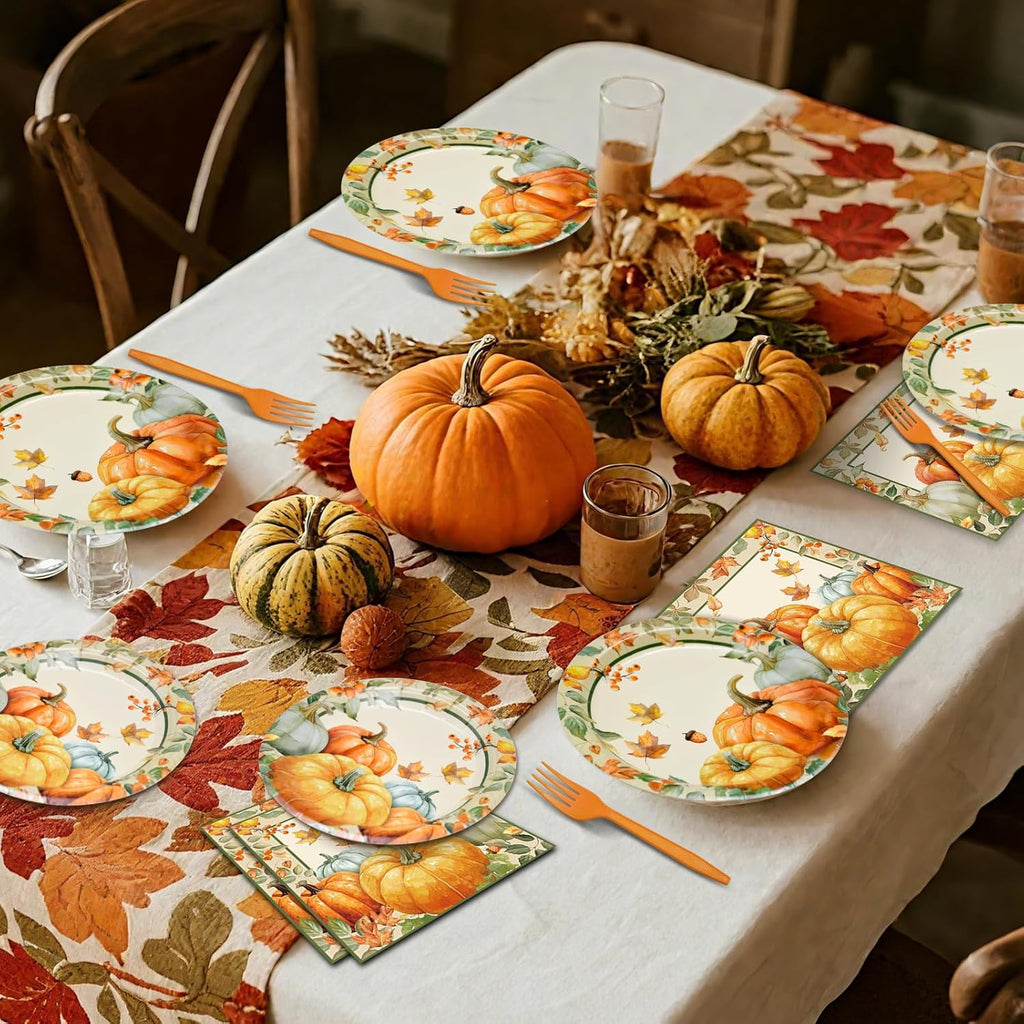 96 Pieces Fall Plates and Napkins Thanksgiving Tableware Set, Pumpkin Maple Leaf Disposable Dinnerware with Paper Plates, Napkins, and Forks for Thanksgiving Autumn Harvest Party Supplies- Serves 24