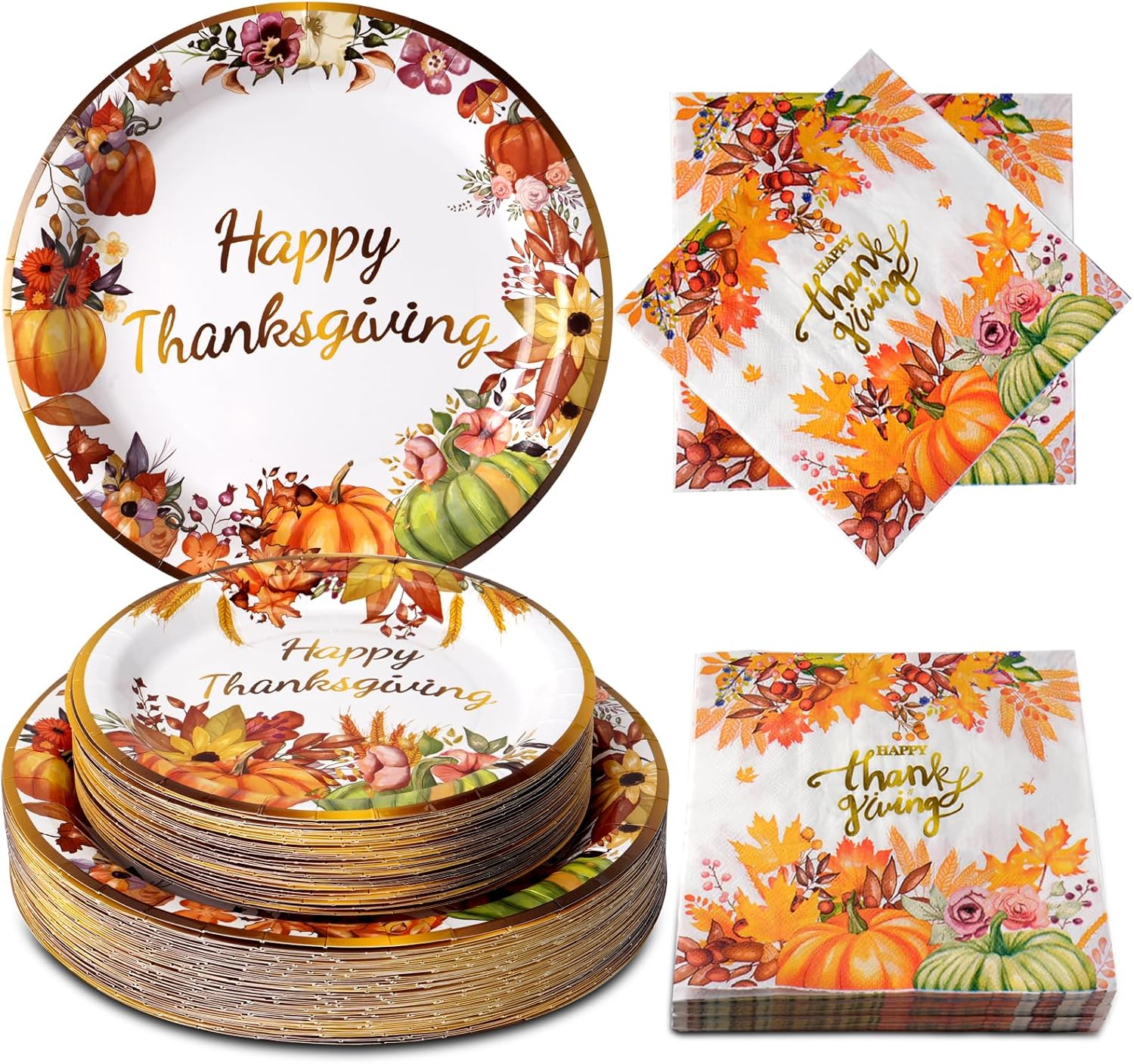 Dereinwo 150 Pcs Thanksgiving Paper Plates and Napkins Fall Pumpkin Autumn Party Plates Napkins Set Disposable Dinnerware Tableware for Thanksgiving Dinner Party, Serves 50
