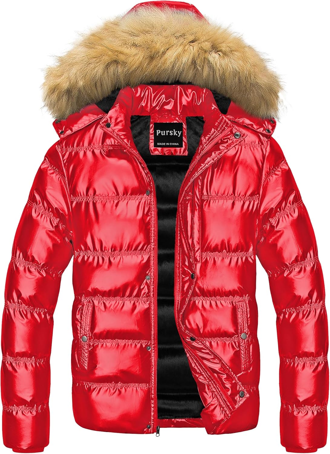 Pursky Men's Puffer Jacket Waterproof Winter Bubble Coats Ski Parka Fur Hooded