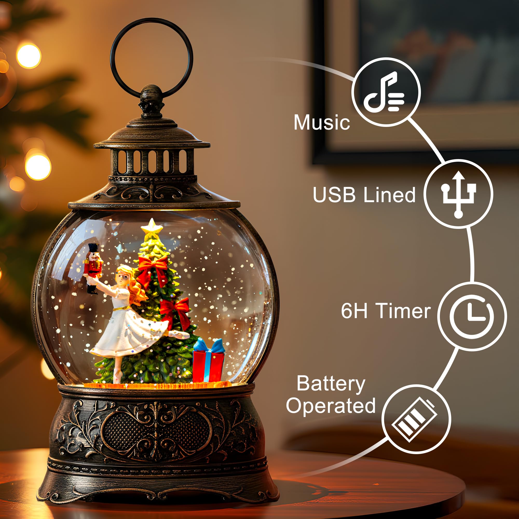 Fall Snow Globe Lantern with Autumn Turkey and Pumpkins Thanksgiving LED Decor for Home, Indoor Tabletop Centerpiece with Glitter Flakes, Harvest Light Decorations