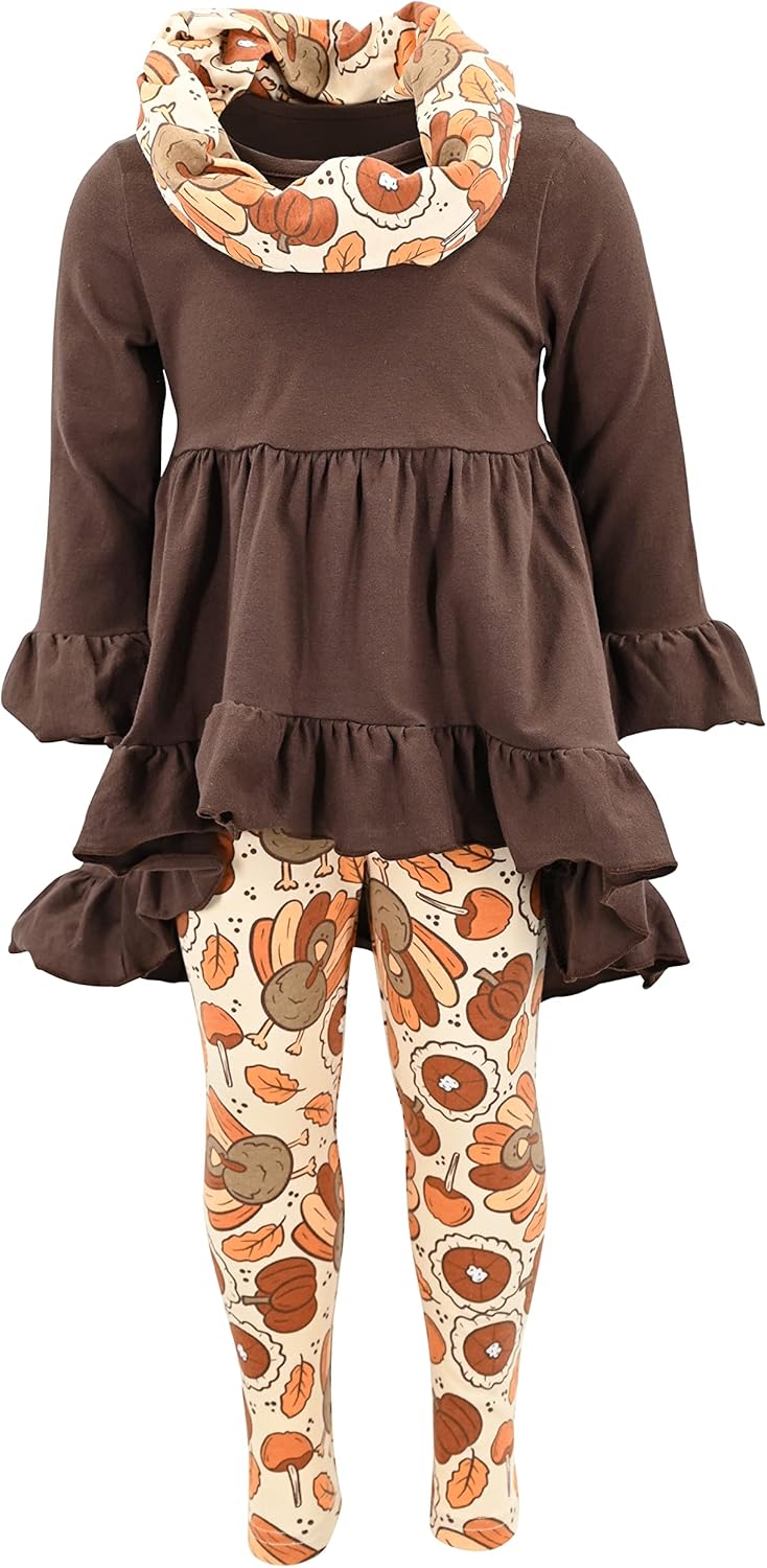 Unique Baby Girls Kids Toddler 3pc Outfit Set Long Sleeve Cotton Blend Tunic Top Leggings and Scarf