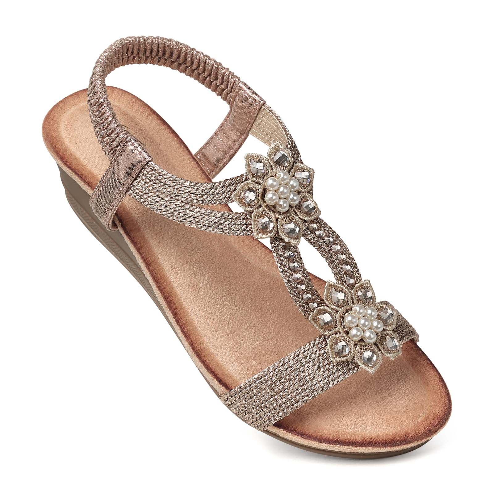 SHIBEVER Womens Wedge Sandals Flower Low Heel Dressy Sandals Elastic Ankle Strap Rhinestone Summer Comfortable Shoe