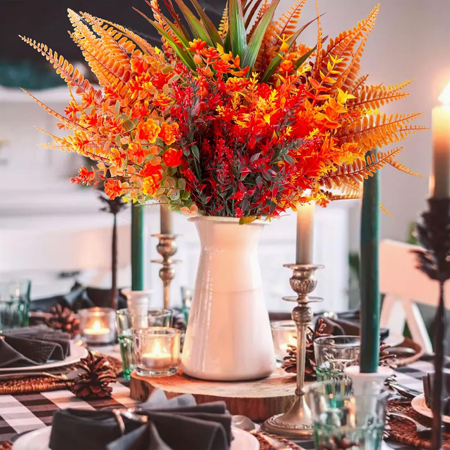 9 Bundles Artificial Fall Flowers,Fake Plants, Orange and Red Autumn Plants for Outdoor Decorations, Halloween Thanksgiving Christmas Wedding Party Indoor Home Garden Fireplace Décor