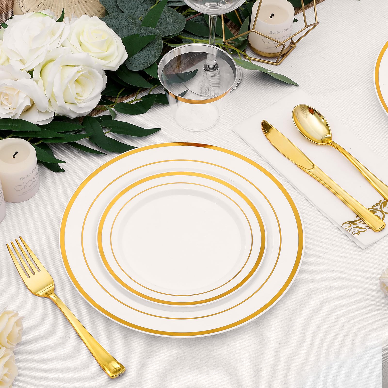 350-Piece Gold Rim Plastic Dinnerware Set for 50 Guests, Elegant Disposable Dinnerware for Party, Wedding. Includes Dinner Plates, Dessert Plates, Gold Silverware, Napkins, Cups