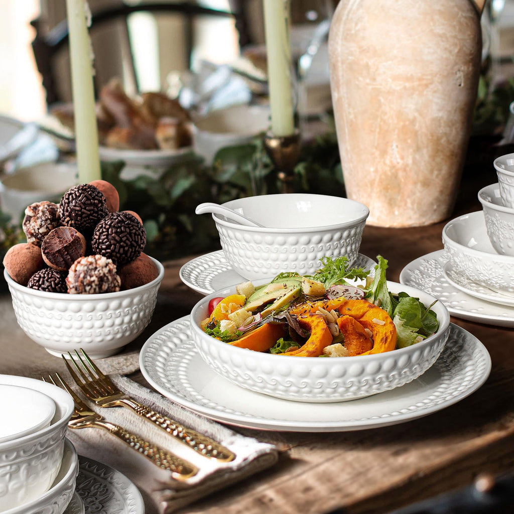 Large Salad Bowls Set of 4, 60oz White Serving Bowls Deep Deep Embossed Ceramic Mixing Bowl for Soup Kitchen, Eating, Ramen, Pasta, Dishwasher & Microwave Safe 8 inch (Multiple Patterns)