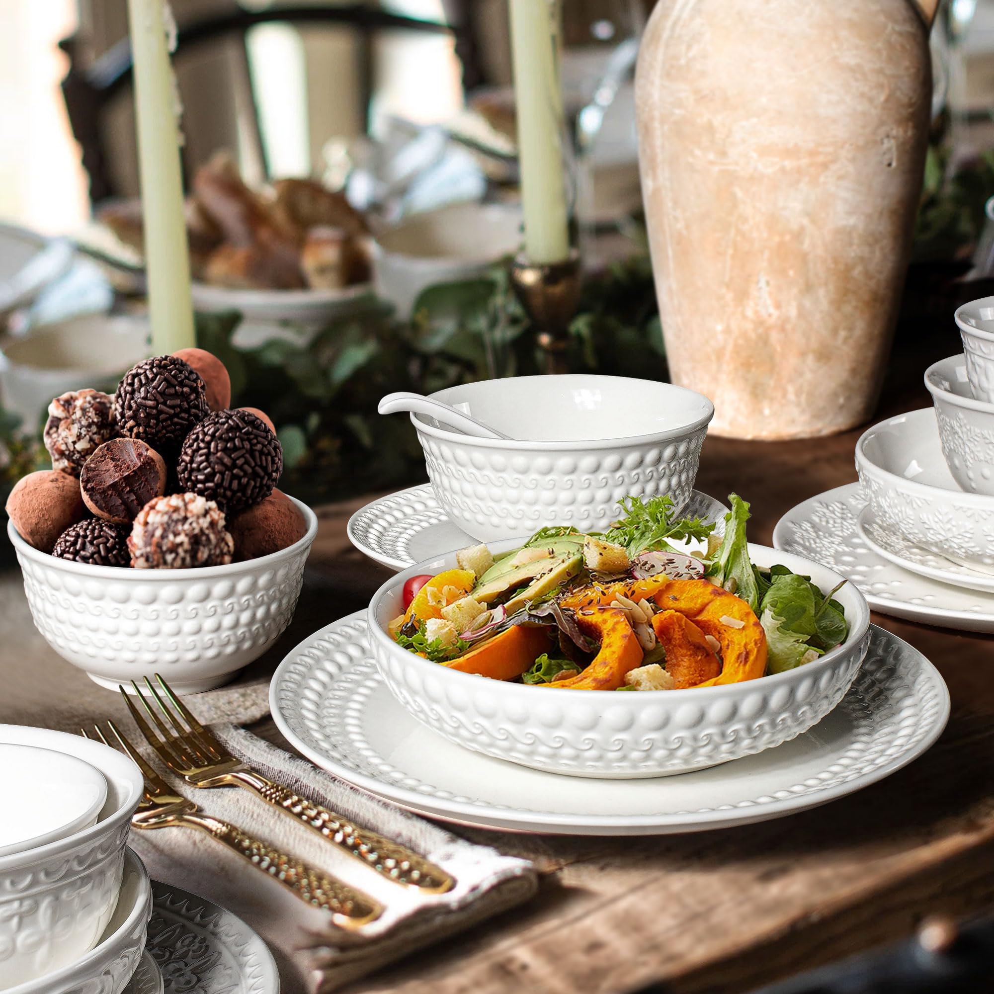 Large Salad Bowls Set of 4, 60oz White Serving Bowls Deep Deep Embossed Ceramic Mixing Bowl for Soup Kitchen, Eating, Ramen, Pasta, Dishwasher & Microwave Safe 8 inch (Multiple Patterns)