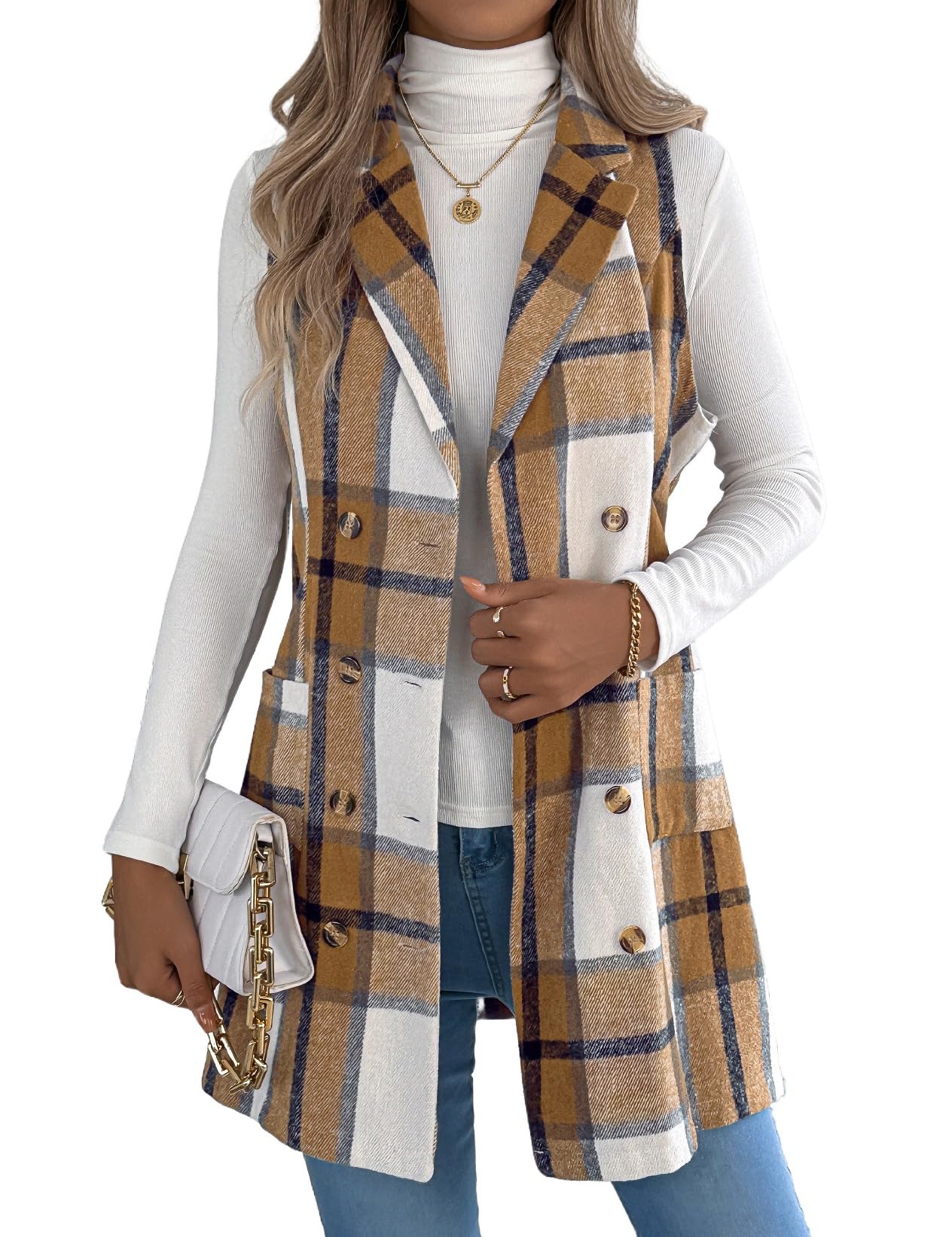 Kinghua Plaid Long Vest for Women Sleeveless Wool Coats Fall Winter Double Breasted Blazer Jackets Outwear